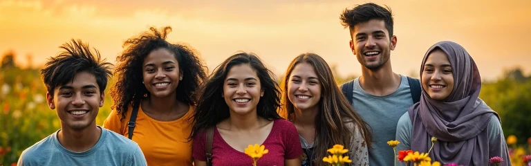 Jeunes souriants et fleurs